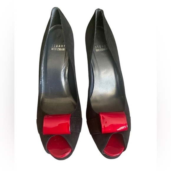Stuart Weitzman Puento Black Suede Peep Toe Stiletto Heels Sz 8.5 Red Bow & Heel - Picture 3 of 14